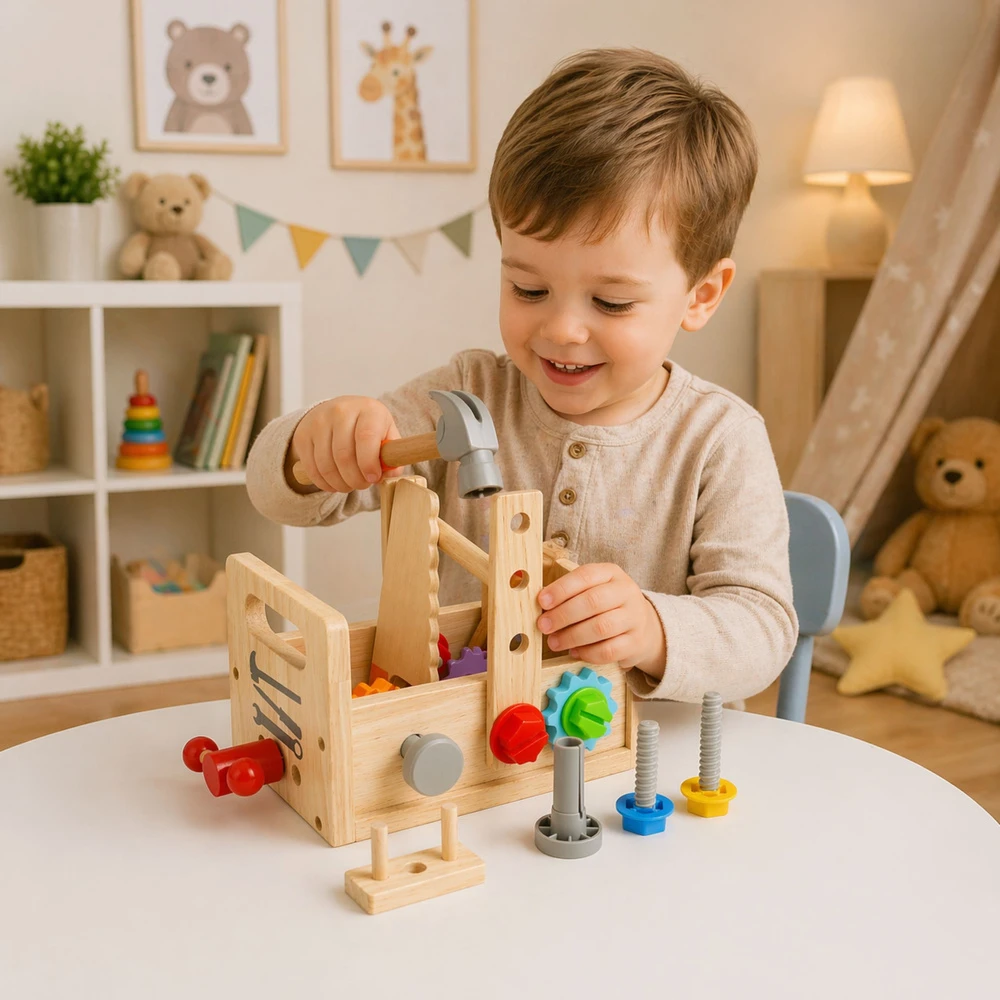 Lean Toys Medinis vaikiškas įrankių dėžutės rinkinys su krumpliaračiais ir veržlėmis