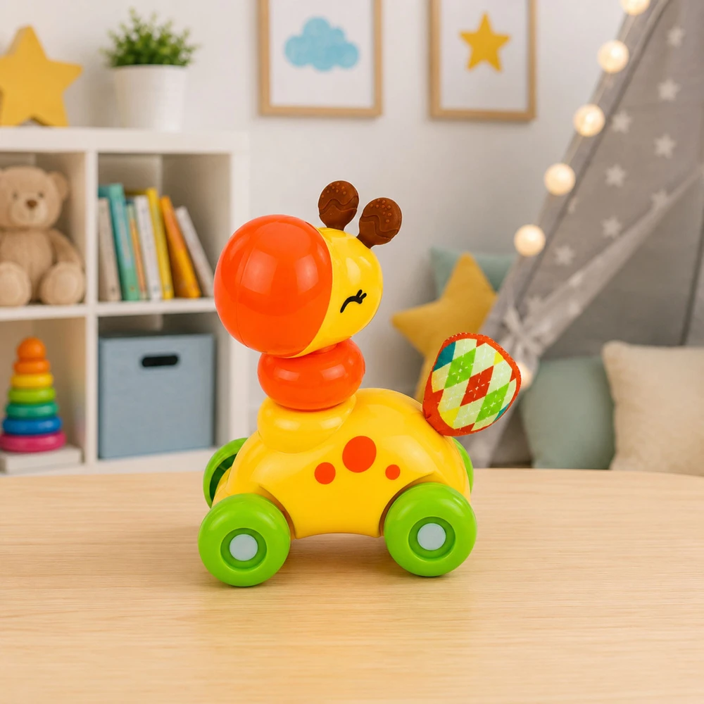 Lean Toys Žirafa ant ratukų geltona