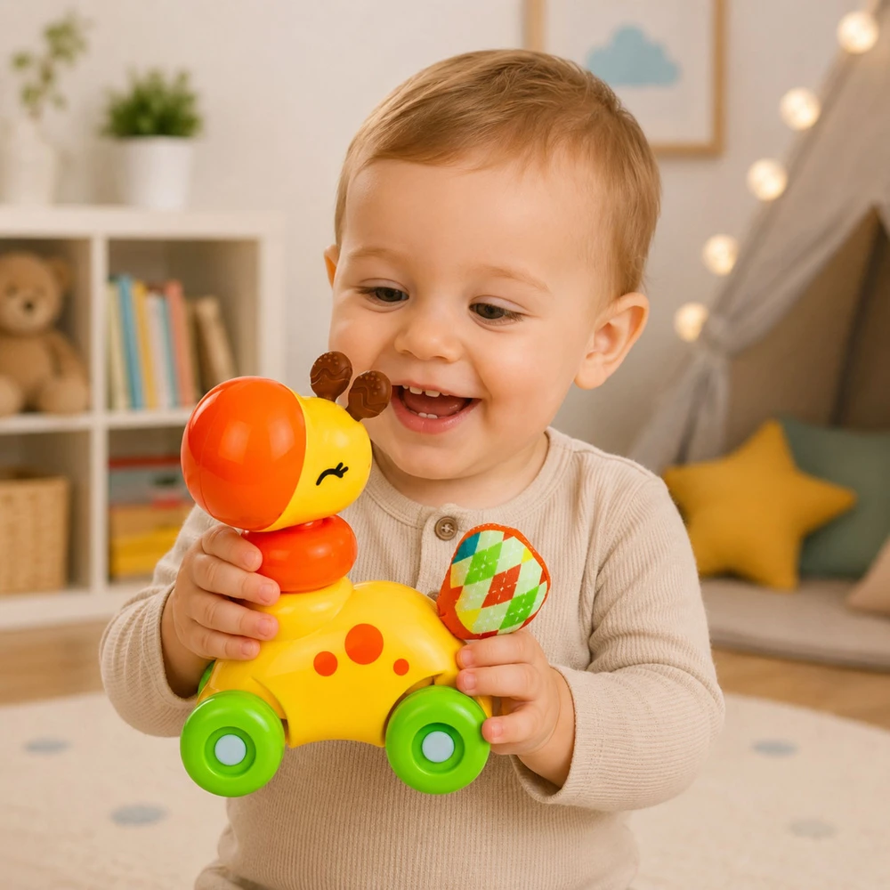 Lean Toys Žirafa ant ratukų geltona