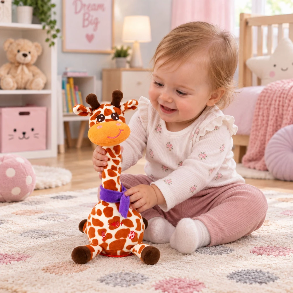 Lean Toys Interaktyvi pliušinė žirafa, ruda, balta ir oranžinė, apie 30 × 20 × 10 cm