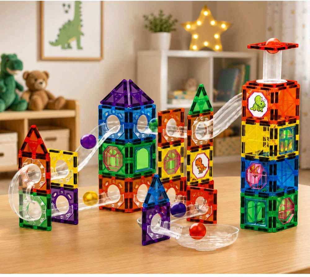 Lean Toys Magnetinis konstruktorius su rutuliukų trasa, 92 dalių