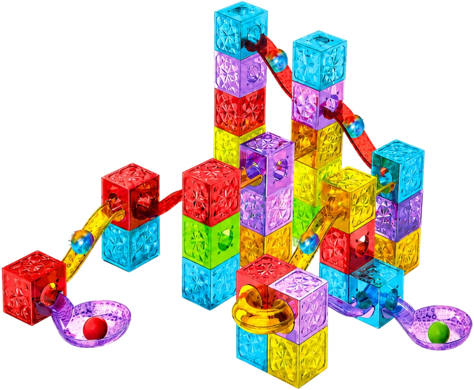 Lean Toys Magnetinės konstravimo kaladėlės su kamuoliukų trasa, 60 vnt.