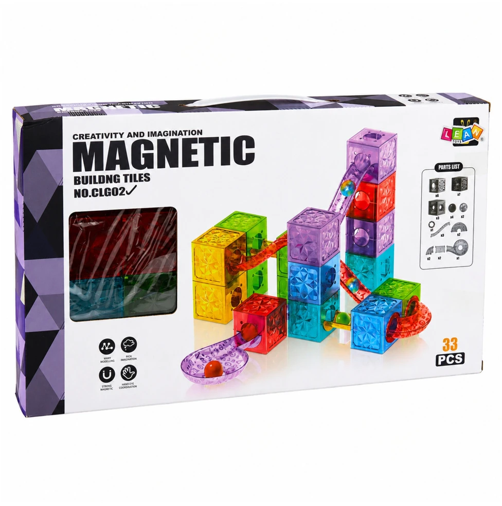 Lean Toys Magnetinis konstruktorius su kamuoliukų trasa, spalvotas, 5,5 × 5,5 cm, 33 vnt.