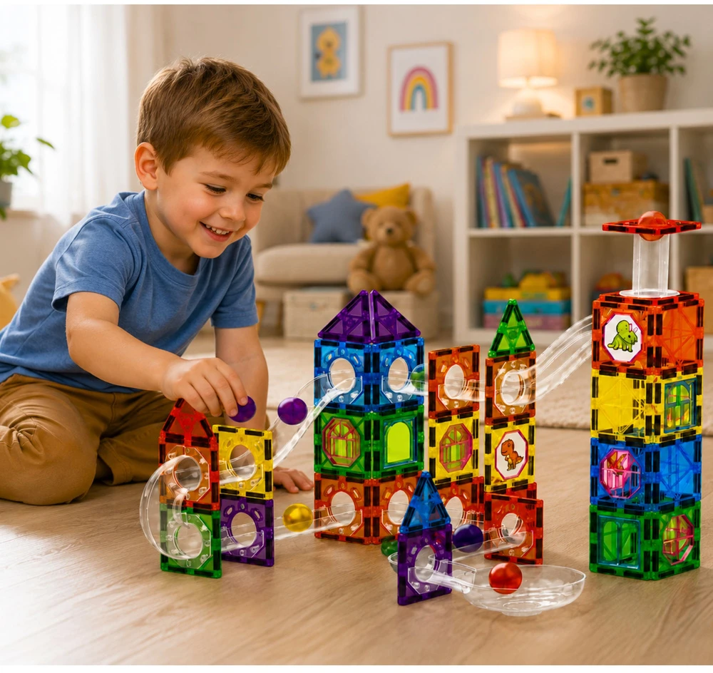 Lean Toys Magnetinis konstruktorius su rutuliukų trasa, 92 dalių
