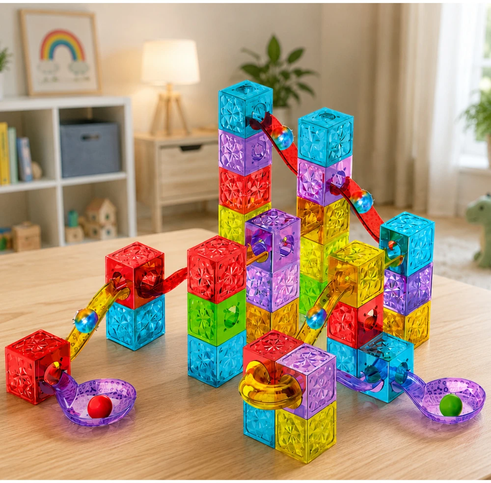 Lean Toys Magnetinės konstravimo kaladėlės su kamuoliukų trasa, 60 vnt.