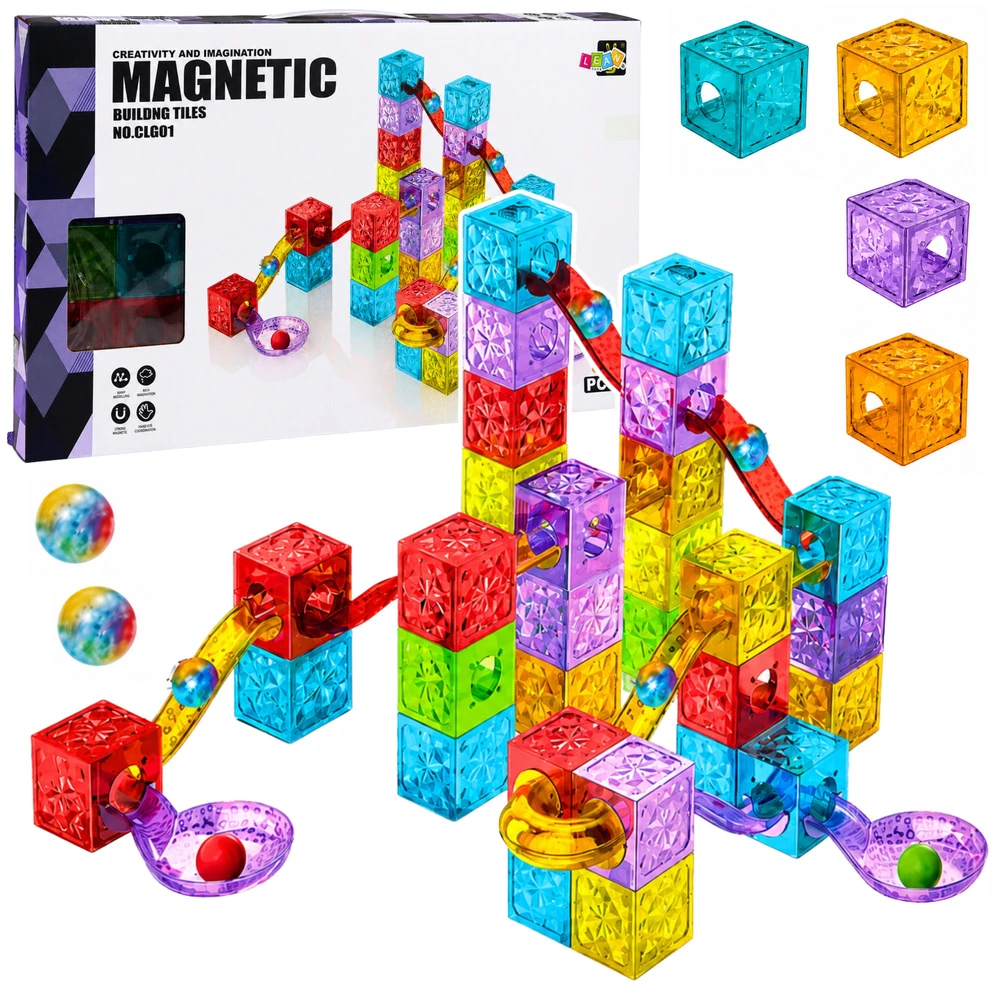 Lean Toys Magnetinės konstravimo kaladėlės su kamuoliukų trasa, 60 vnt.