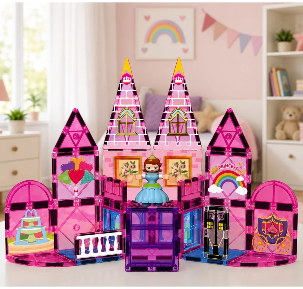 Lean Toys Magnetinės kaladėlės rožinės 38 vnt.