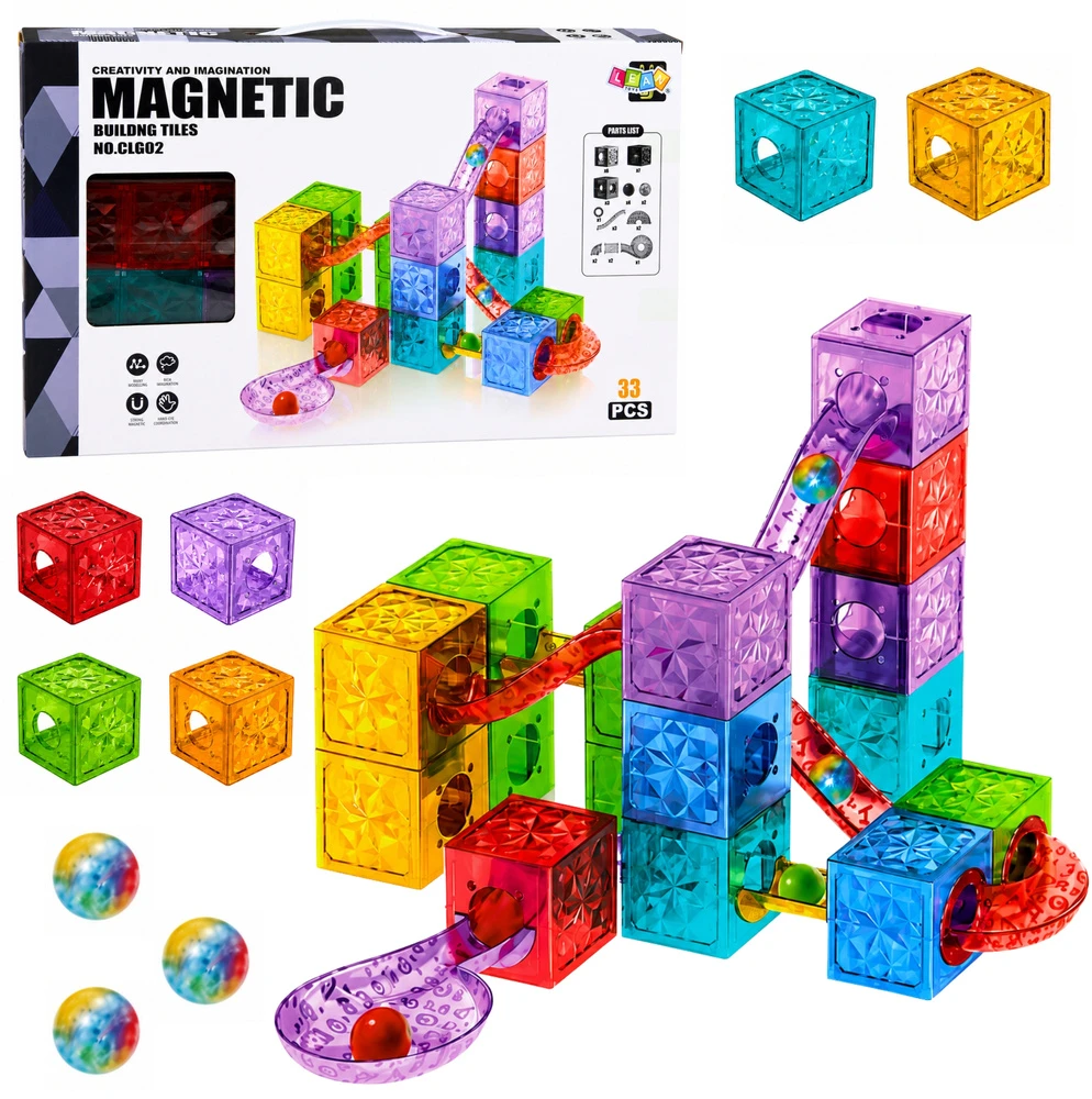 Lean Toys Magnetinis konstruktorius su kamuoliukų trasa, spalvotas, 5,5 × 5,5 cm, 33 vnt.