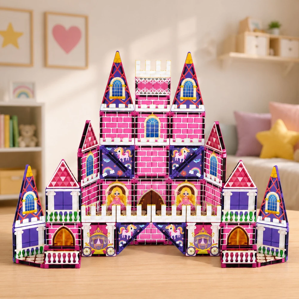 Lean Toys Magnetinės kaladėlės rožinės 58 vnt.