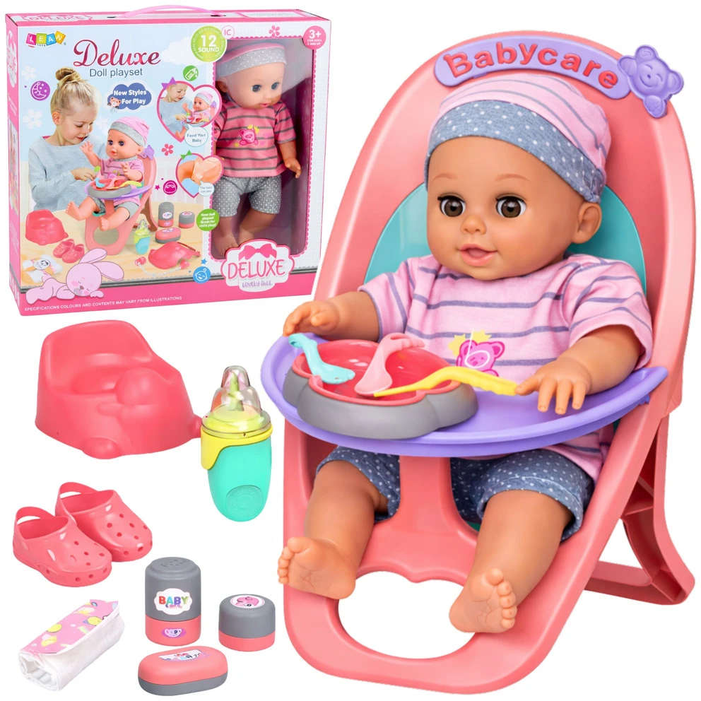 Lean Toys Interaktyvi kūdikio lėlė 30 cm su kėdute ir priedais