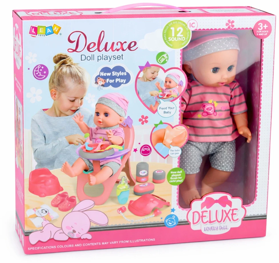 Lean Toys Interaktyvi kūdikio lėlė 30 cm su kėdute ir priedais
