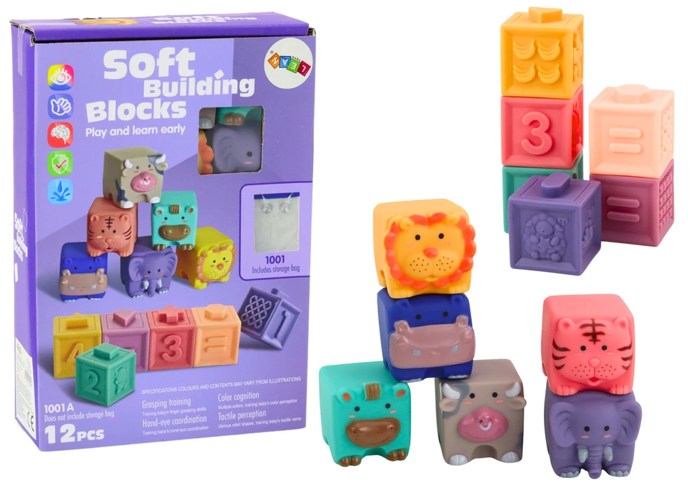 Lean Toys Minkšti edukaciniai blokeliai su gyvūnais, raidėmis ir skaičiais, 12 vnt.