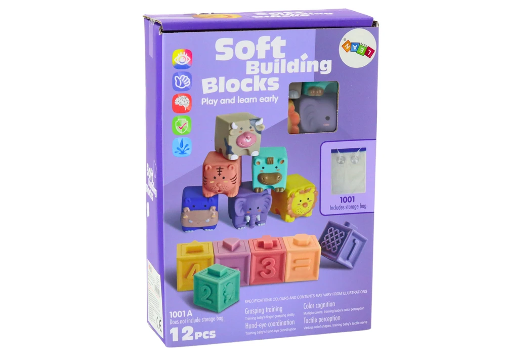 Lean Toys Minkšti edukaciniai blokeliai su gyvūnais, raidėmis ir skaičiais, 12 vnt.