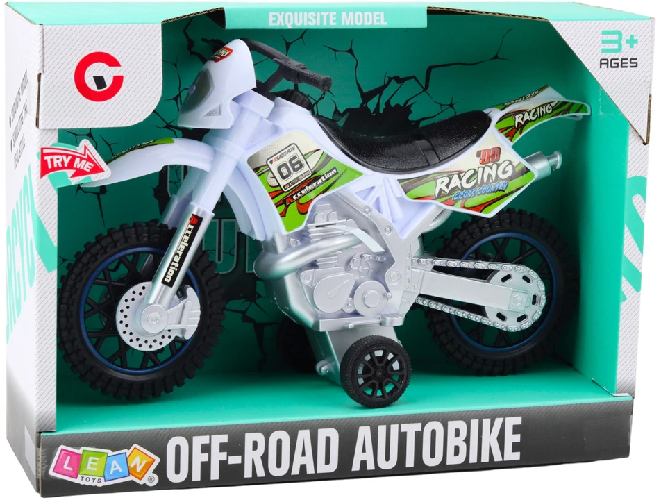 Lean Toys Žaislinis motokrosinis motociklas su šviesos ir garso efektais, baltas