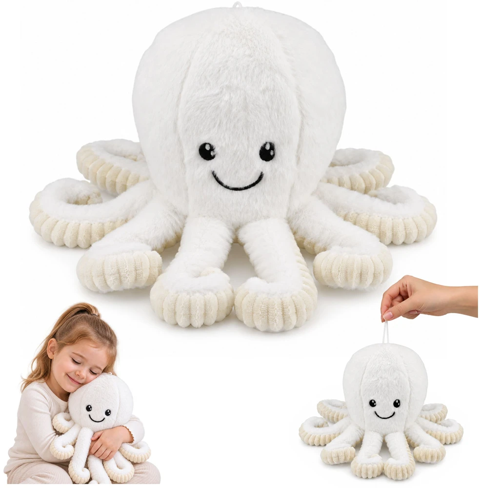 Lean Toys Pliušinis aštuonkojis su elastingais čiuptuvais, baltas su kreminėmis detalėmis, 50 × 30 × 30 cm