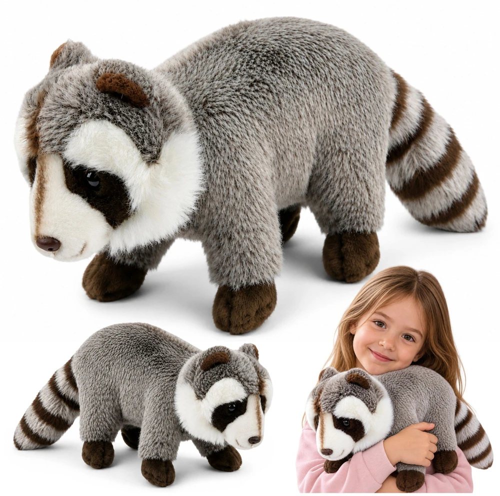Lean Toys Pliušinis meškėnas su dryžuota uodega, pilkas, 45 × 20 × 12 cm