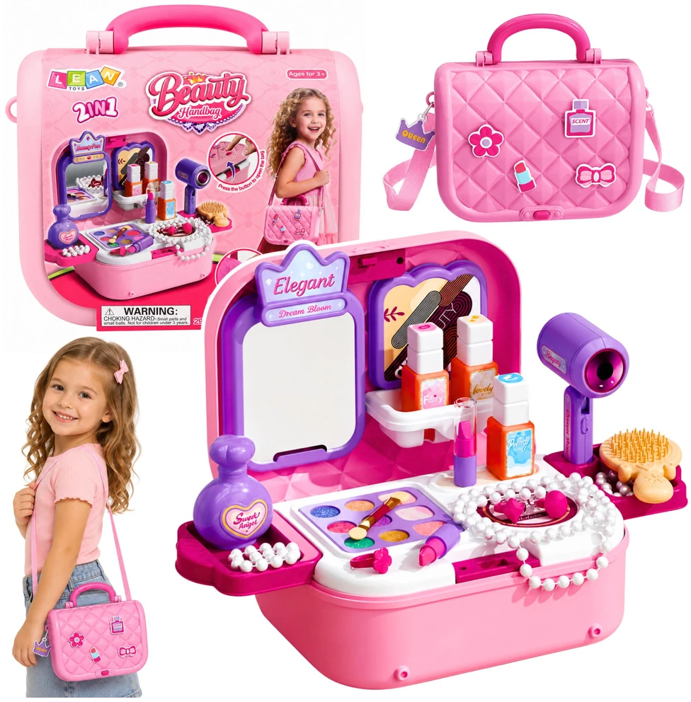 Lean Toys Vaikiškas grožio rinkinys lagaminėlyje 2-in-1, rožinis ir violetinis, 23,5 × 17 × 9,5 cm