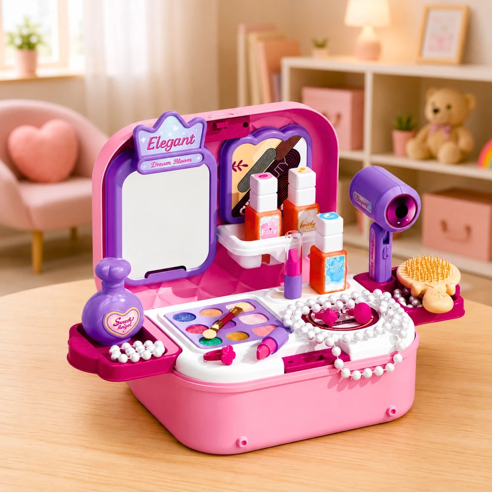Lean Toys Vaikiškas grožio rinkinys lagaminėlyje 2-in-1, rožinis ir violetinis, 23,5 × 17 × 9,5 cm