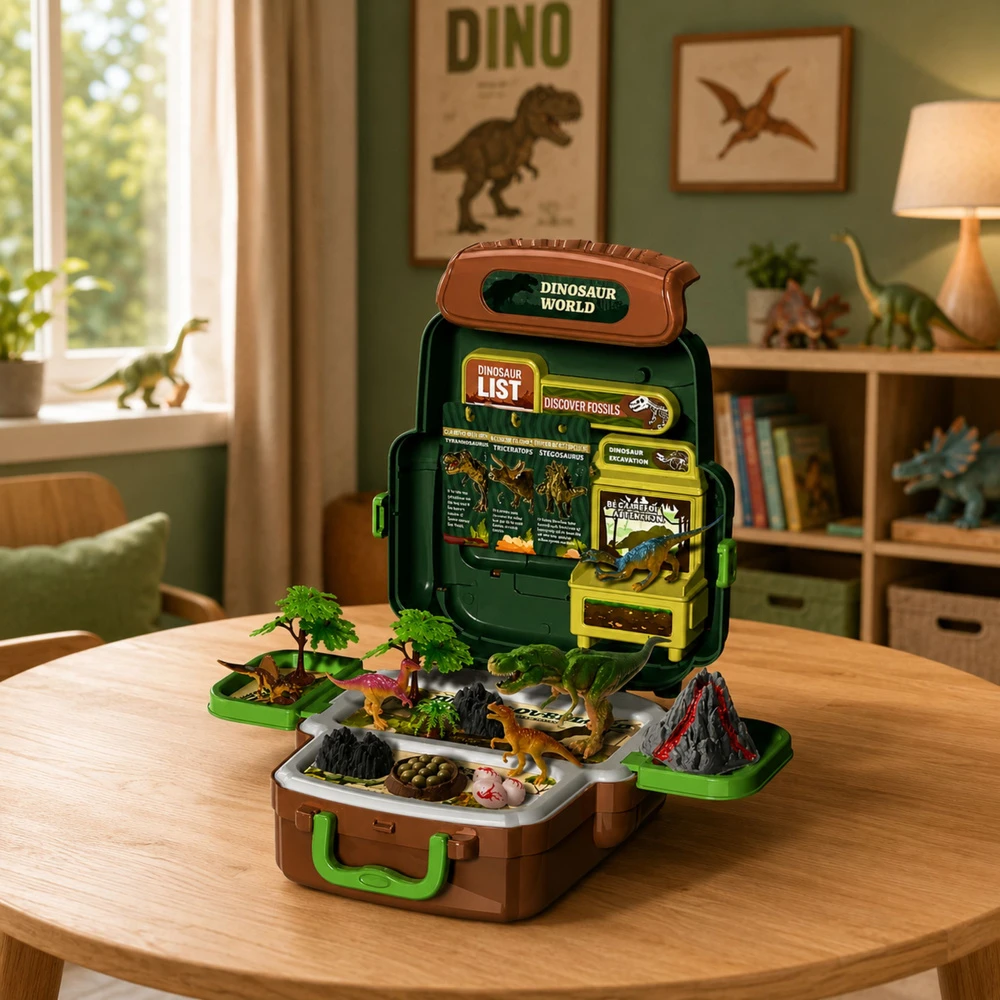 Zestaw Rinkinys Dinozaurų rinkinys kuprinėje, lagamine, figūrėlėse, edukacinėse kortelėse, prieduose, 30 vnt.