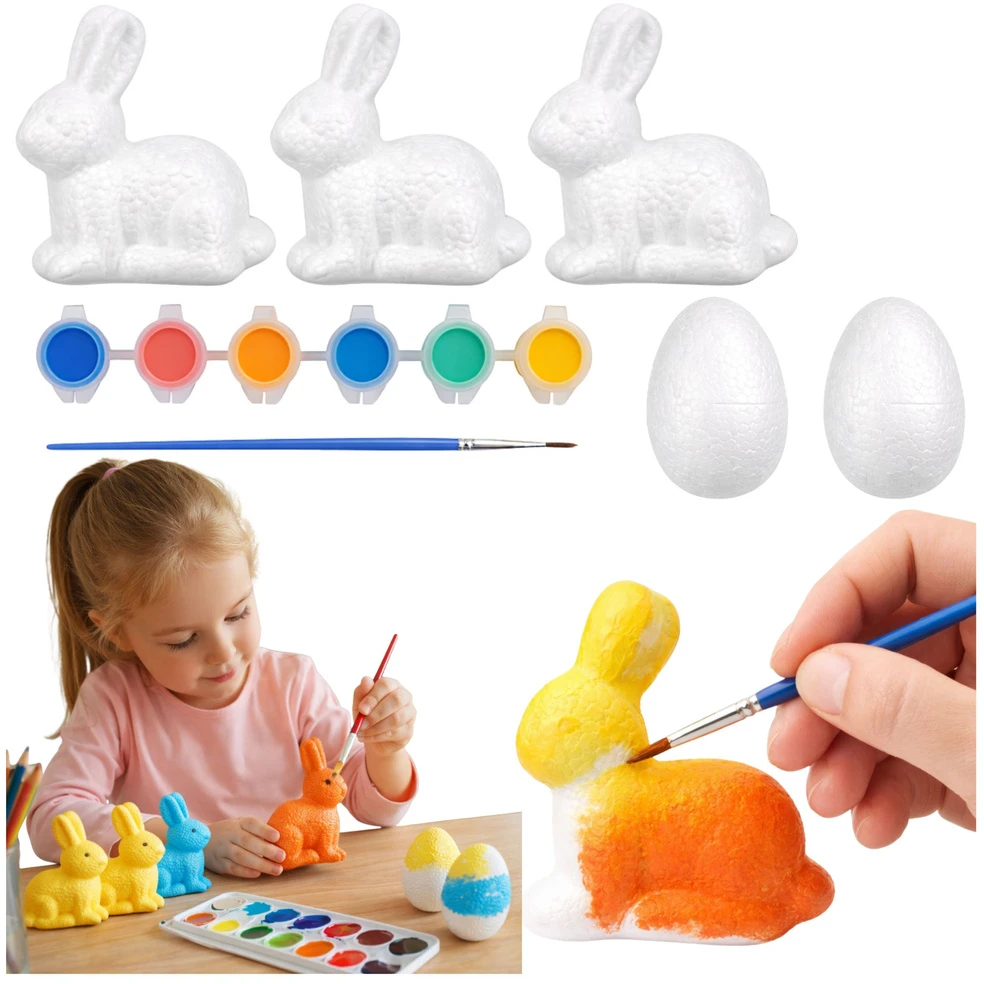 Lean Toys Rinkinys Putplasčio dekoracijų dažymo rinkinys, 3 zuikiai, 2 kiaušiniai