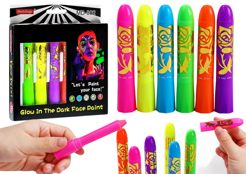 Lean Toys Neoninis veido piešimo rinkinys su 6 fluorescenciniais markeriais