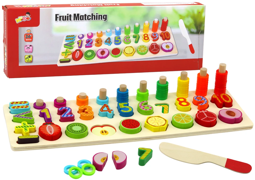 Lean Toys Medinė edukacinė lentelė su vaisiais ir matematika