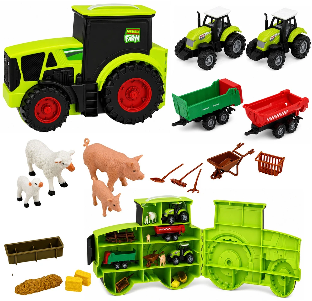 Lean Toys Ūkio figūrėlių rinkinys su traktoriaus dėže, įvairiaspalvis, 32,5 × 23 × 11,5 cm, 28 dalių