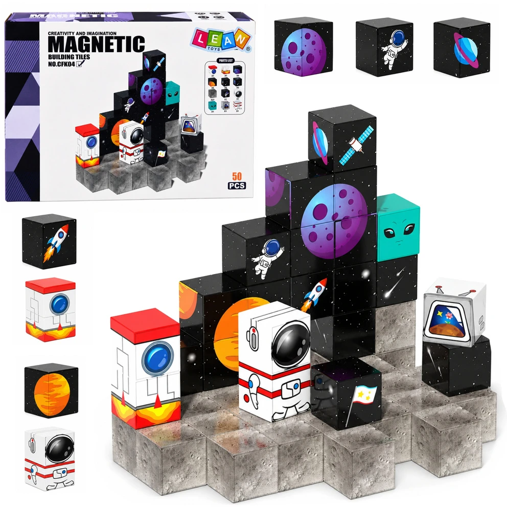 Lean Toys Magnetinės kaladėlės su kosmoso motyvais, 50 vnt.