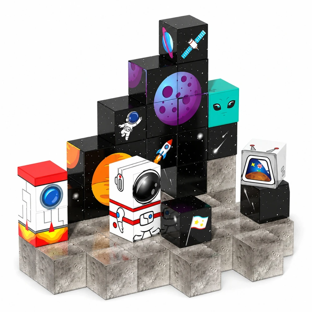 Lean Toys Magnetinės kaladėlės su kosmoso motyvais, 50 vnt.