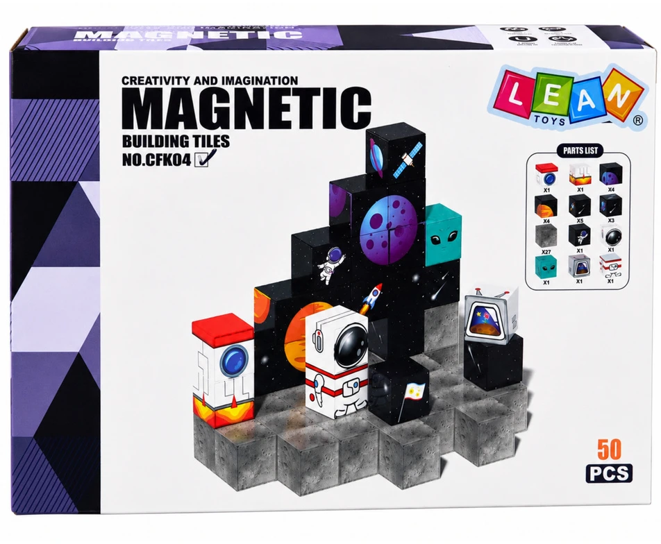 Lean Toys Magnetinės kaladėlės su kosmoso motyvais, 50 vnt.