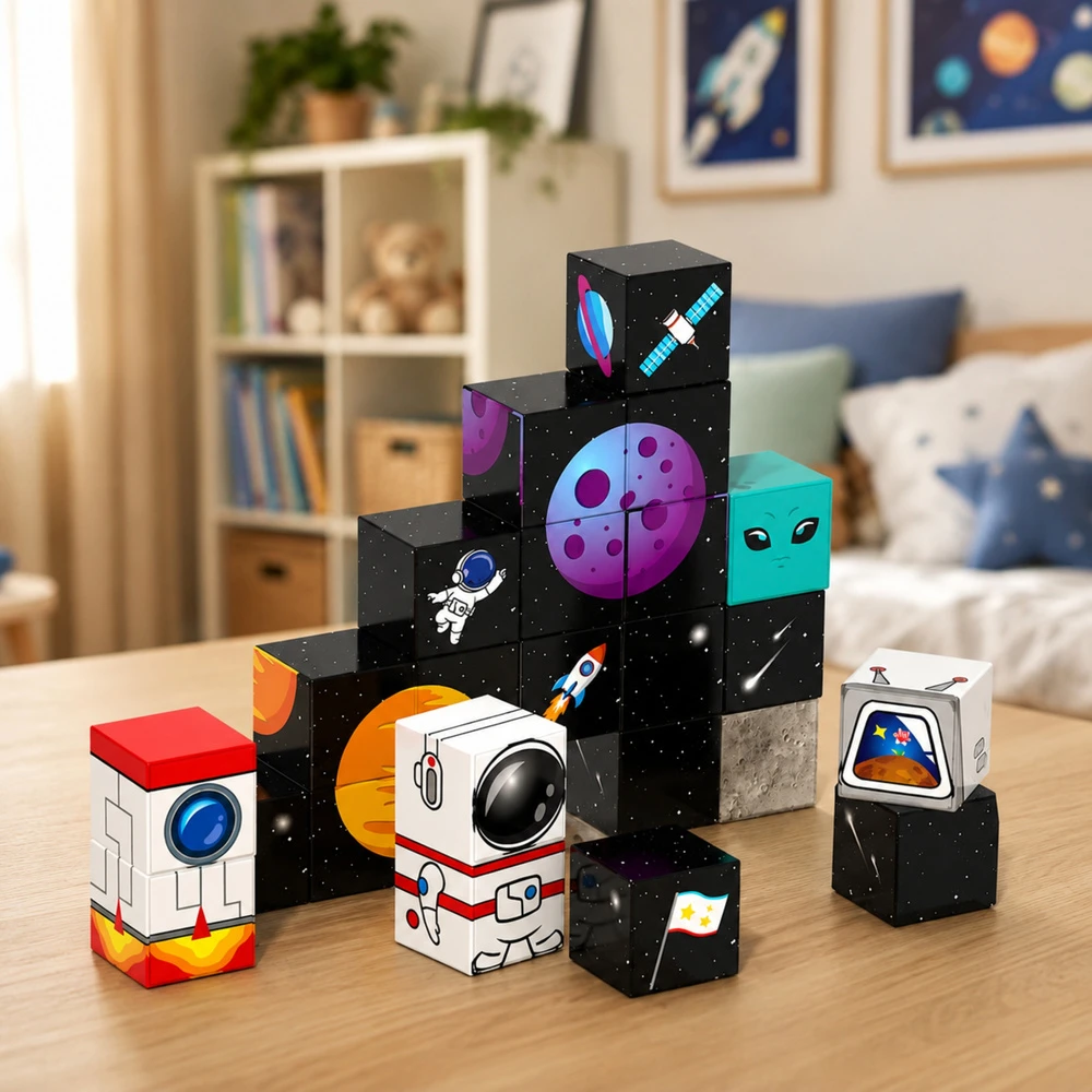 Lean Toys Magnetinės kaladėlės su kosmoso motyvais, 50 vnt.