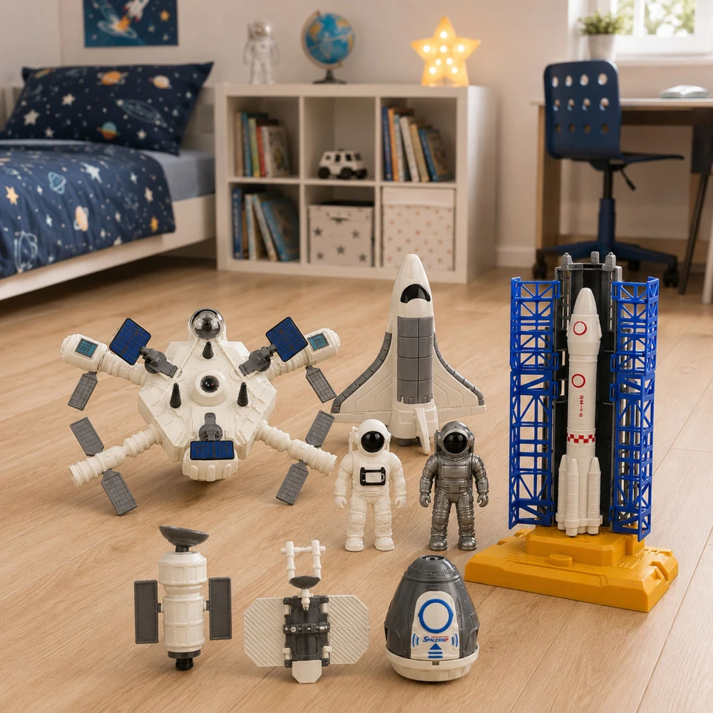Zestaw Rinkinys Kosminė stotis Raketa Erdvėlaivis Palydovai Kosmonautai Šviesos