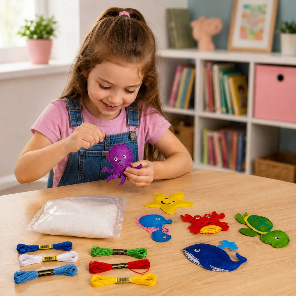 Lean Toys Jūros gyvūnų vėlimo ir siuvimo rinkinys vaikams, 6 vnt.