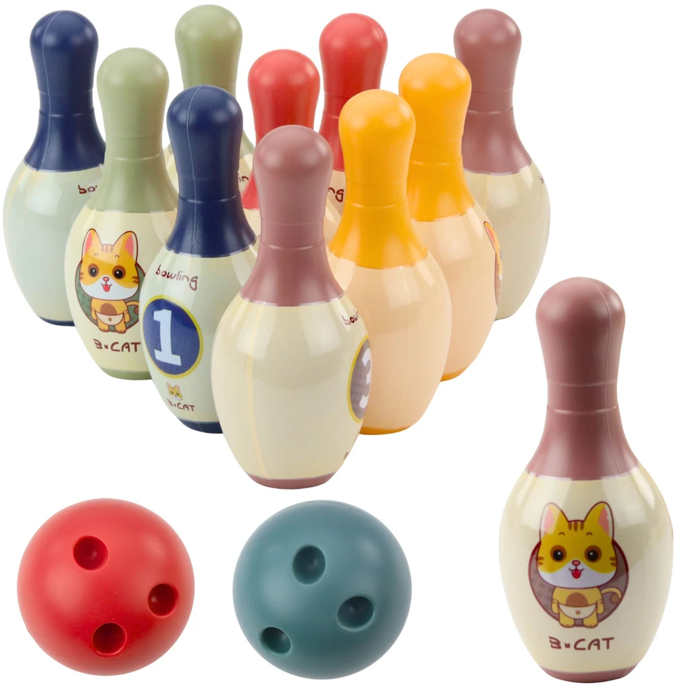 Lean Toys Vaikiškas boulingo rinkinys su kačiukų motyvais, 10 kuolelių, 2 kamuoliai