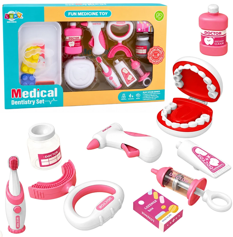 Lean Toys Odontologo rinkinys su vibruojančiu dantų šepetėliu ir atidaromu žandikaulio modeliu, baltas ir rožinis, 15 dalių