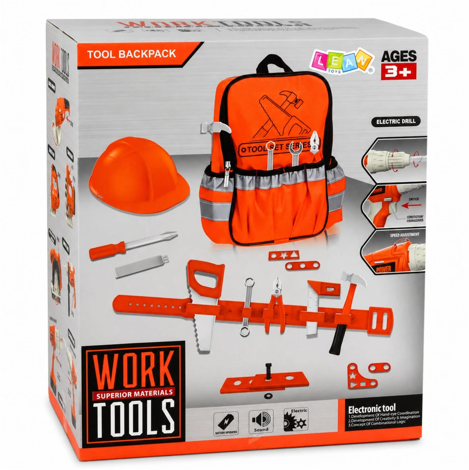 Lean Toys Vaikiškas įrankių rinkinys su kuprine ir elektriniu atsuktuvu, 39 x 26 x 10 cm