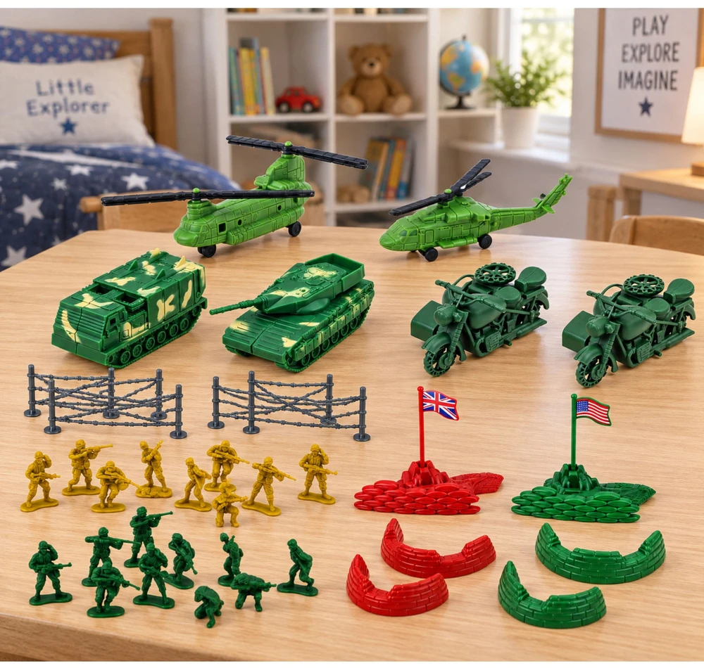 Lean Toys Kareivėlių figūrėlių rinkinys su transporto priemonėmis, 121 vnt.