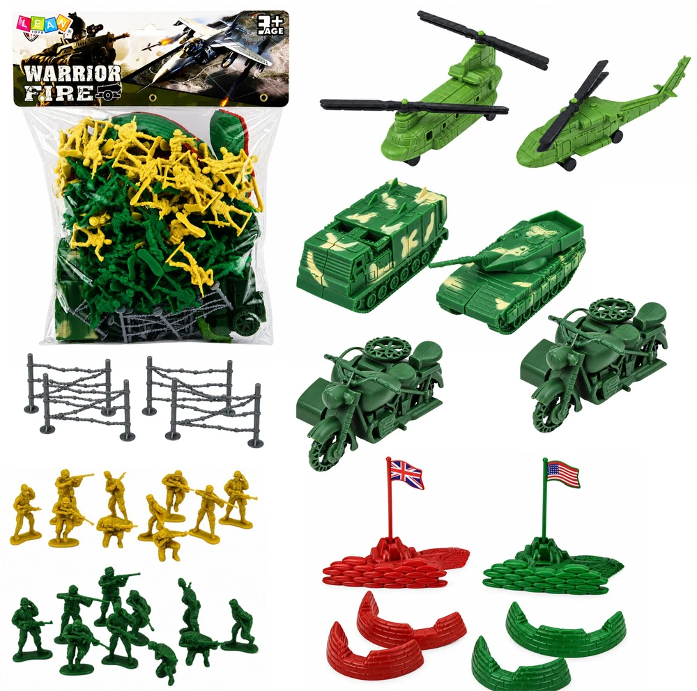 Lean Toys Kareivėlių figūrėlių rinkinys su transporto priemonėmis, 121 vnt.