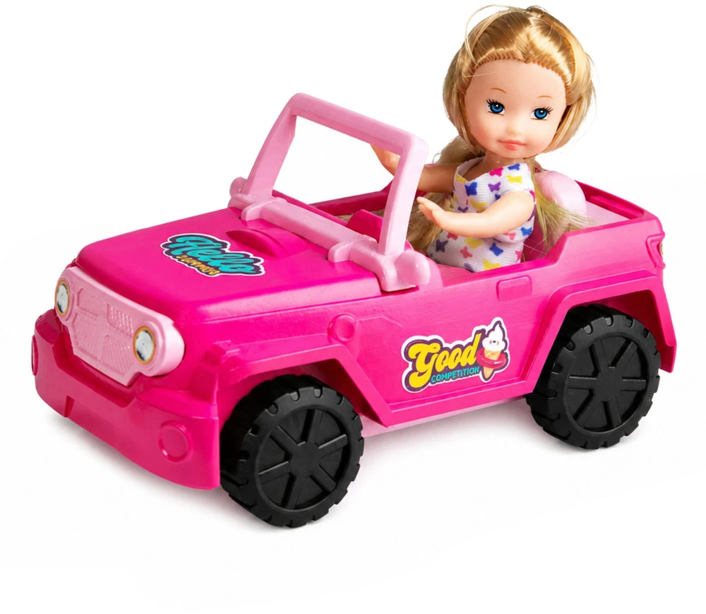 Lean Toys Mini lėlė su kabrioletu–visureigiu ir šuniuku rožinė 3 vnt.