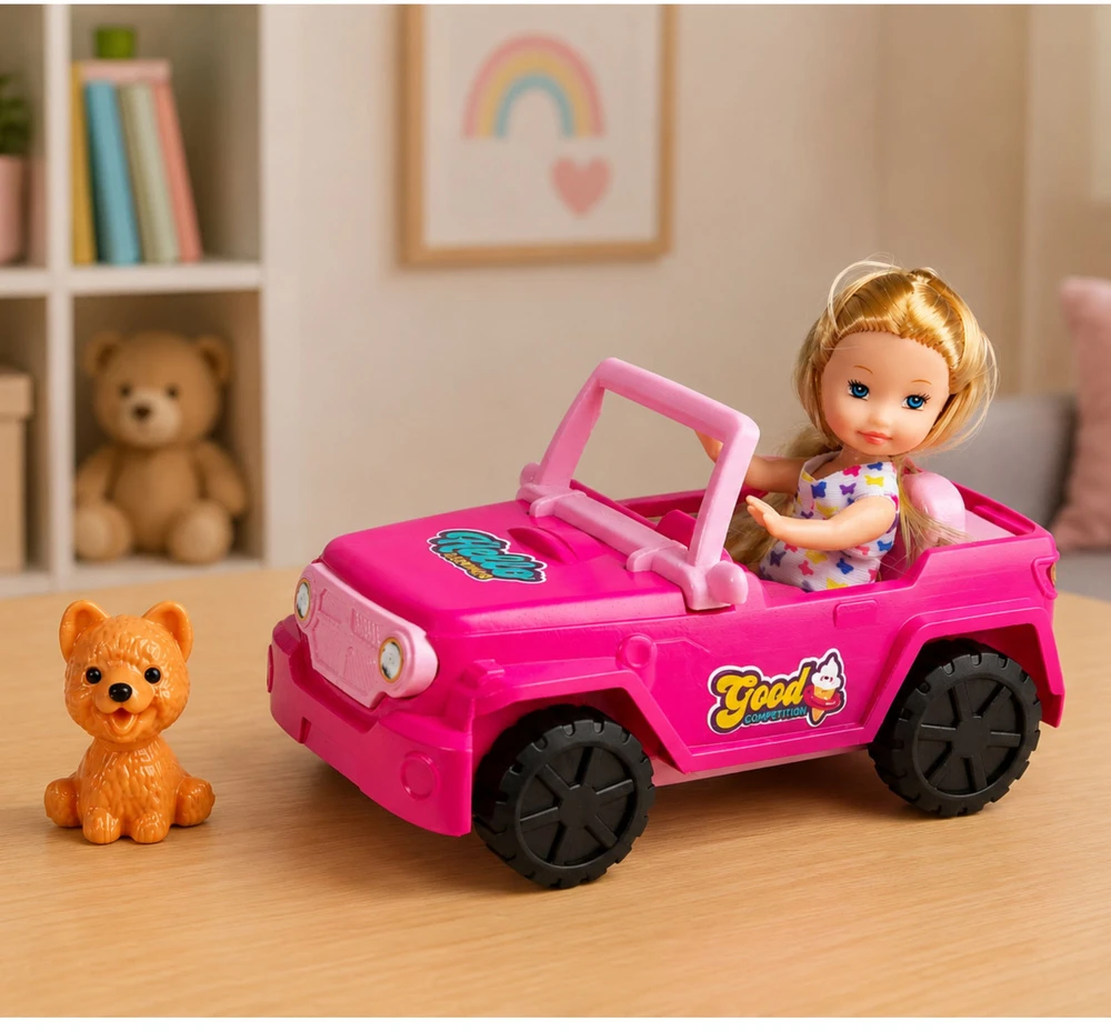 Lean Toys Mini lėlė su kabrioletu–visureigiu ir šuniuku rožinė 3 vnt.
