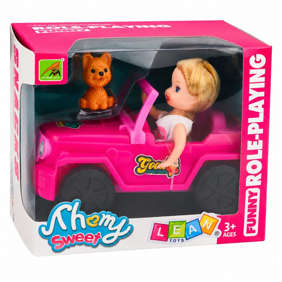 Lean Toys Mini lėlė su kabrioletu–visureigiu ir šuniuku rožinė 3 vnt.