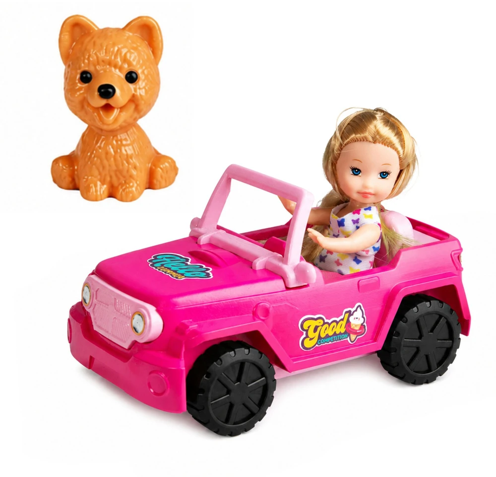 Lean Toys Mini lėlė su kabrioletu–visureigiu ir šuniuku rožinė 3 vnt.