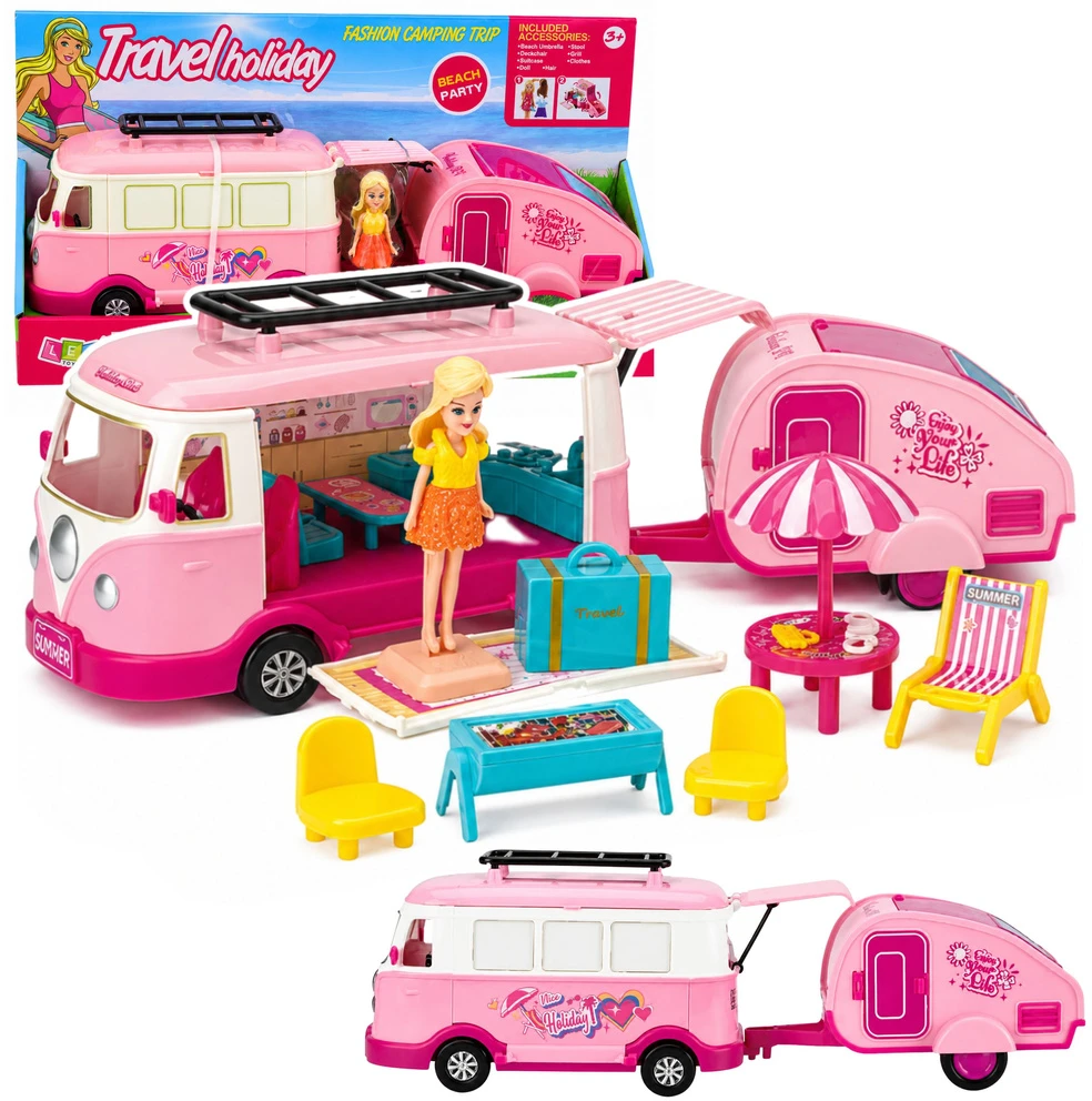 Lean Toys Lėlių kemperio kelioninis rinkinys su priekaba, rožinis, 37 x 11 x 9 cm