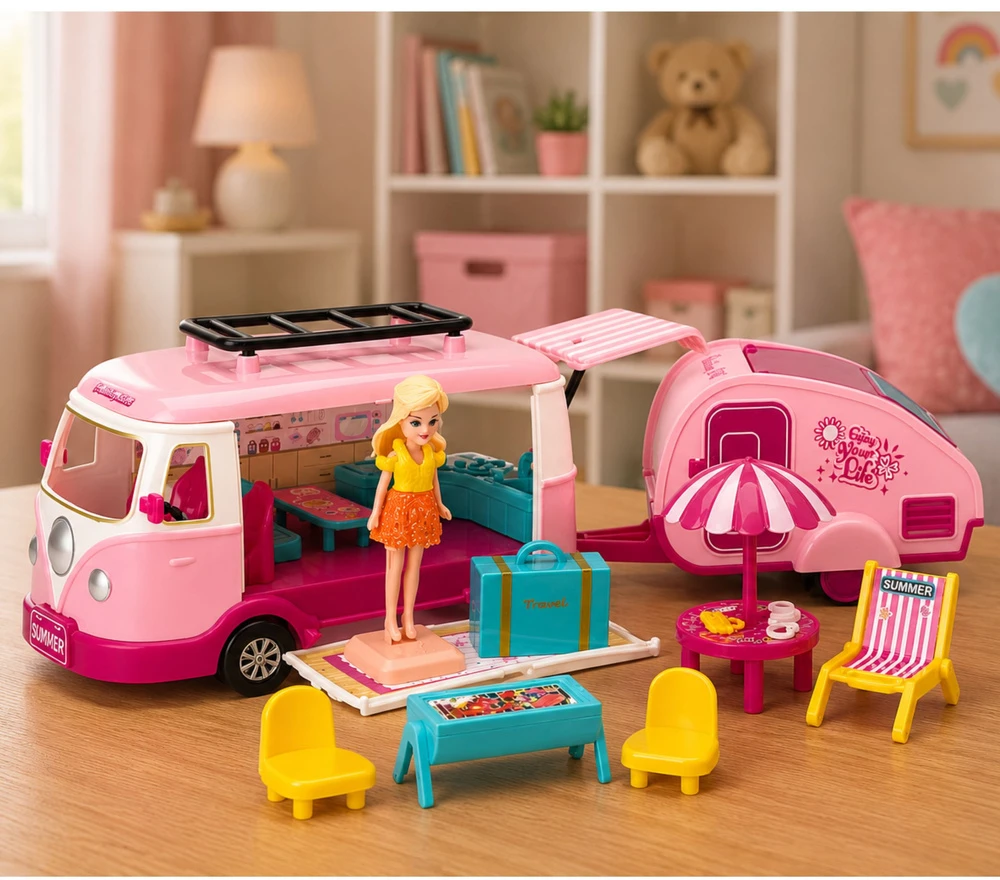 Lean Toys Lėlių kemperio kelioninis rinkinys su priekaba, rožinis, 37 x 11 x 9 cm
