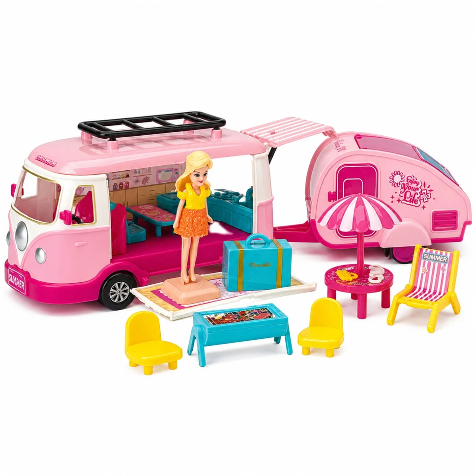 Lean Toys Lėlių kemperio kelioninis rinkinys su priekaba, rožinis, 37 x 11 x 9 cm