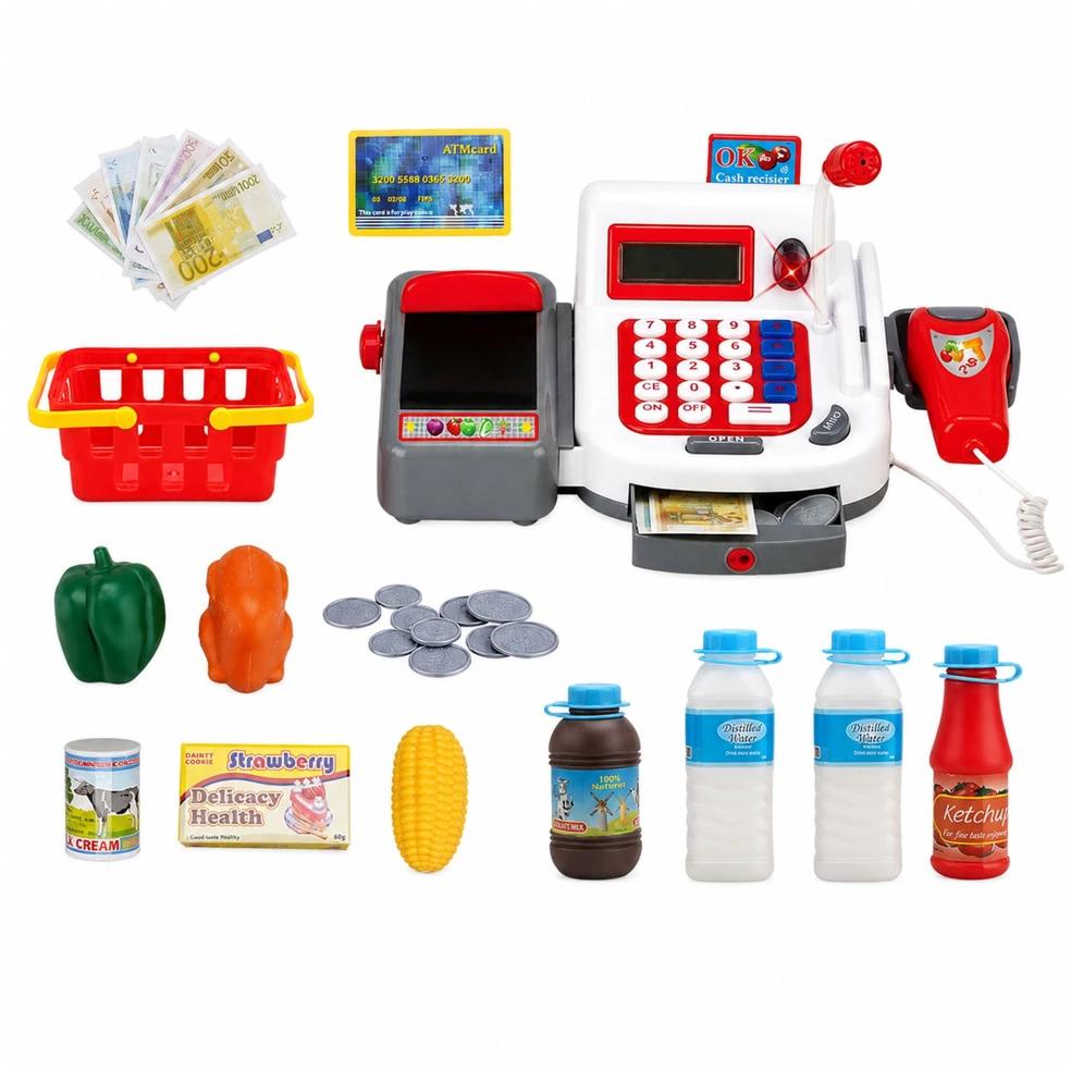 Lean Toys Vaikiškas kasos aparatas su vežimėliu ir krepšeliais