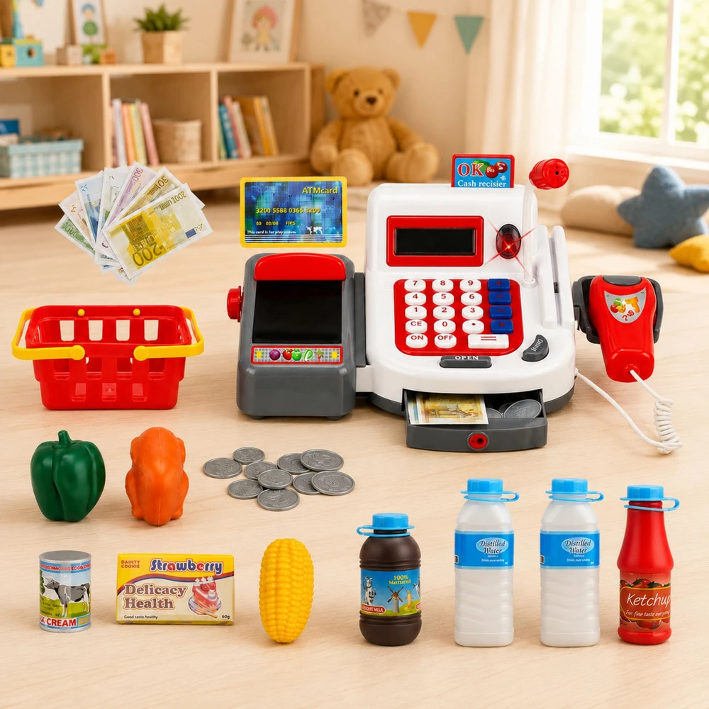 Lean Toys Vaikiškas kasos aparatas su vežimėliu ir krepšeliais