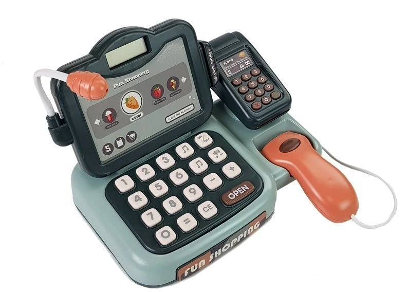 Lean Toys Žaislinis kasos aparatas su mikrofonu ir skeneriu