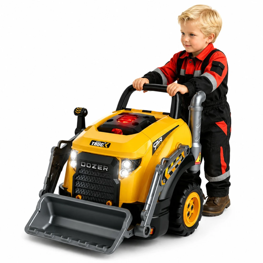 Lean Toys Žaislinis buldozeris su išardomu varikliu ir šviesos bei garso efektais, geltonas su juodais ir pilkais elementais, 41,8 × 34,5 × 43,5 cm
