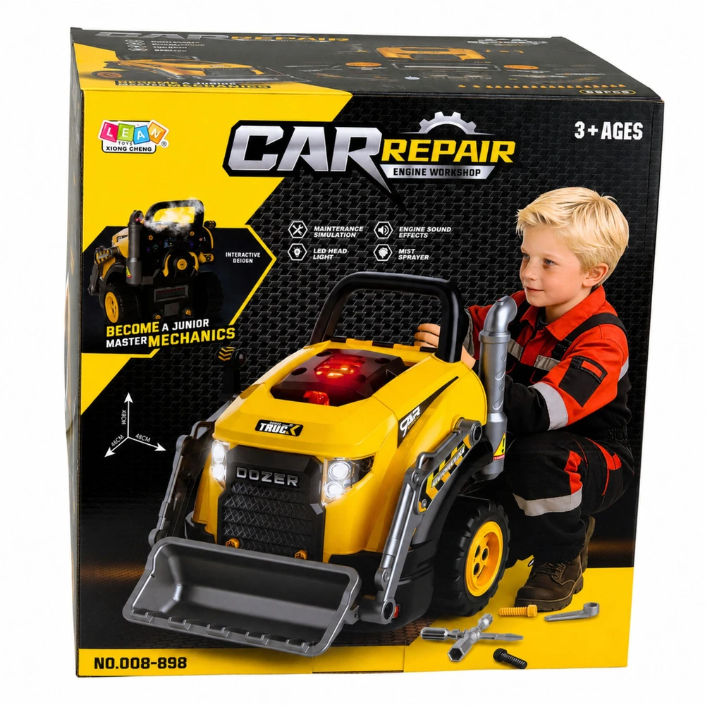 Lean Toys Žaislinis buldozeris su išardomu varikliu ir šviesos bei garso efektais, geltonas su juodais ir pilkais elementais, 41,8 × 34,5 × 43,5 cm
